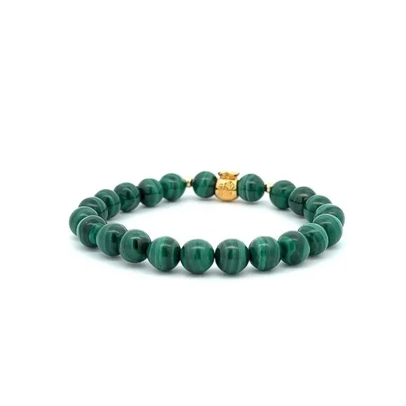 18K Gold Money Bag Lucky Charm Beads Bracelet Gemstones Malachite 7mm